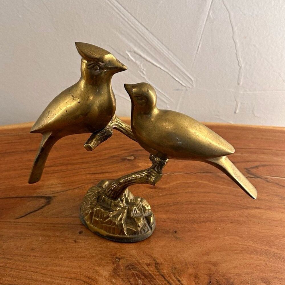 Mid Century Brass Bird Figurine Cardinals on Tree Branch Home Decor